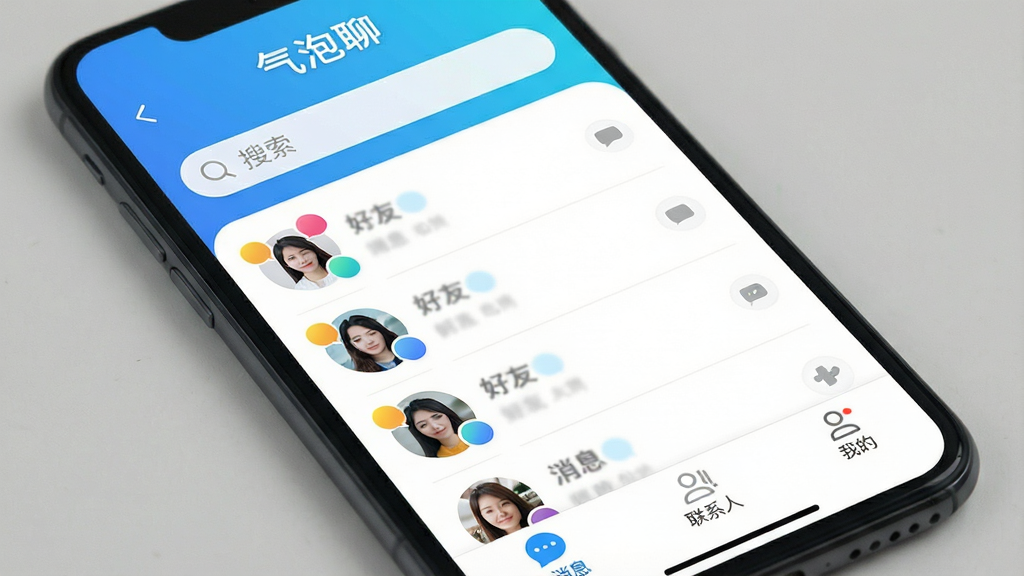一张手机屏幕的正面特写,屏幕中显示“气泡聊”APP的主界面,界面以蓝白渐变为主色调,顶部是“气泡聊”字样和搜索框,中部是好友列表,每个好友头像旁有彩色气泡标识,底部是消息、联系人、我的三个选项卡,整体设计简洁现代,画质干净,无多余元素。