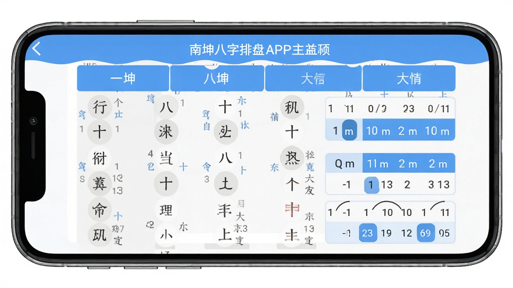 一张展示南坤八字排盘APP主界面的高清截图,主体是手机屏幕,屏幕内显示八字排盘结果,包含四柱、十神、大运等信息,布局清晰,采用简洁的蓝白配色,风格现代扁平,界面文字标签明确,画质干净无多余元素。