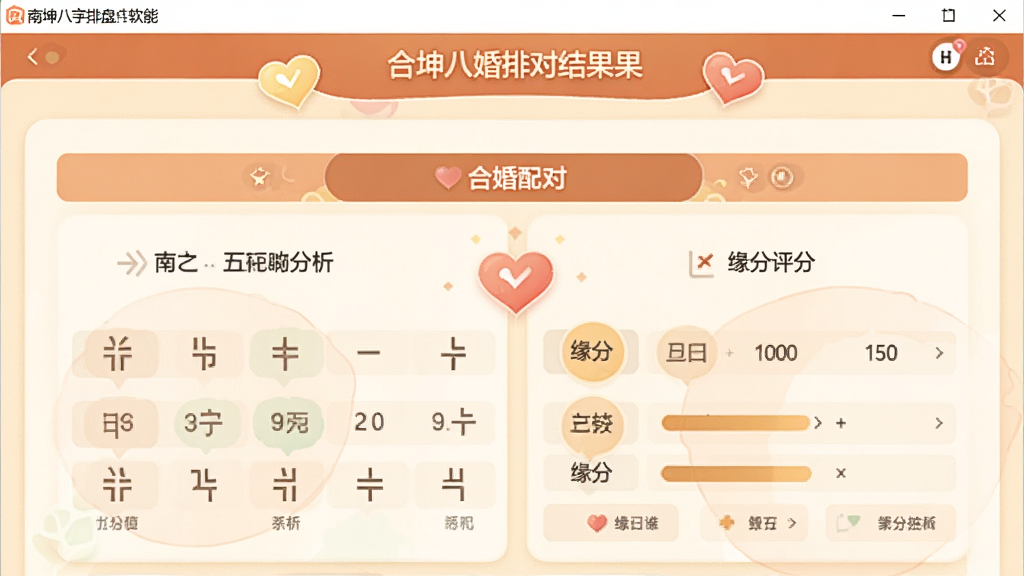 一张南坤八字排盘软件的功能截图,主体为合婚配对结果页面,显示双方八字、五行分析、缘分评分等信息,界面采用暖色调,有爱心图标点缀,风格温馨,画质干净,无多余元素。