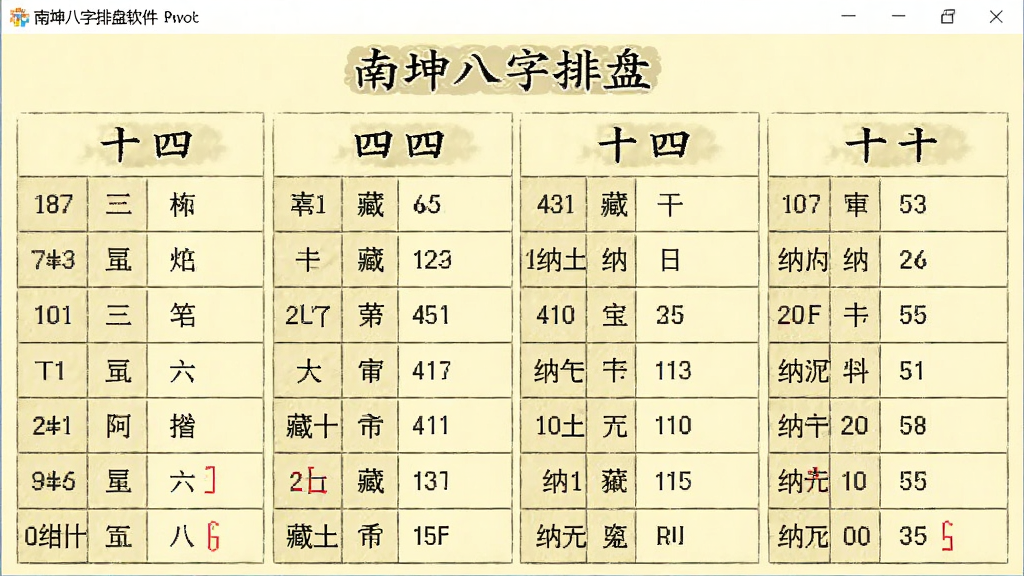 一张南坤八字排盘软件的功能截图,主体为八字排盘结果页面,显示四柱干支、十神、藏干、纳音等信息,文字清晰,排版整齐,界面底色为淡黄色,风格古朴典雅,画质干净,无多余元素。