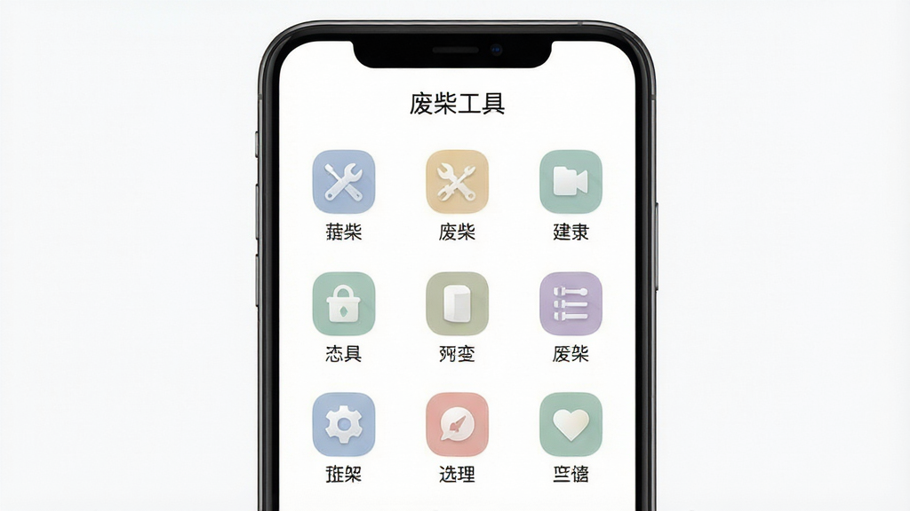 一张展示废柴工具简洁界面的截图,画面显示手机屏幕内是排列整齐的功能图标网格,每个图标下方有中文名称,图标色彩柔和,界面顶部有