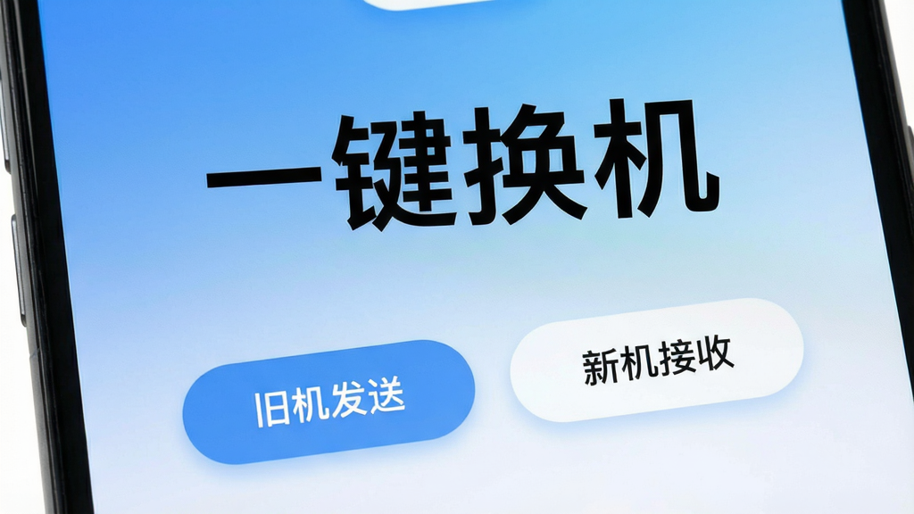 一张智能手机屏幕特写,屏幕中央显示“一键换机”四个大字,下方有“旧机发送”和“新机接收”两个按钮,背景是蓝白渐变色,整体风格扁平化,图标圆润,画质干净无多余元素