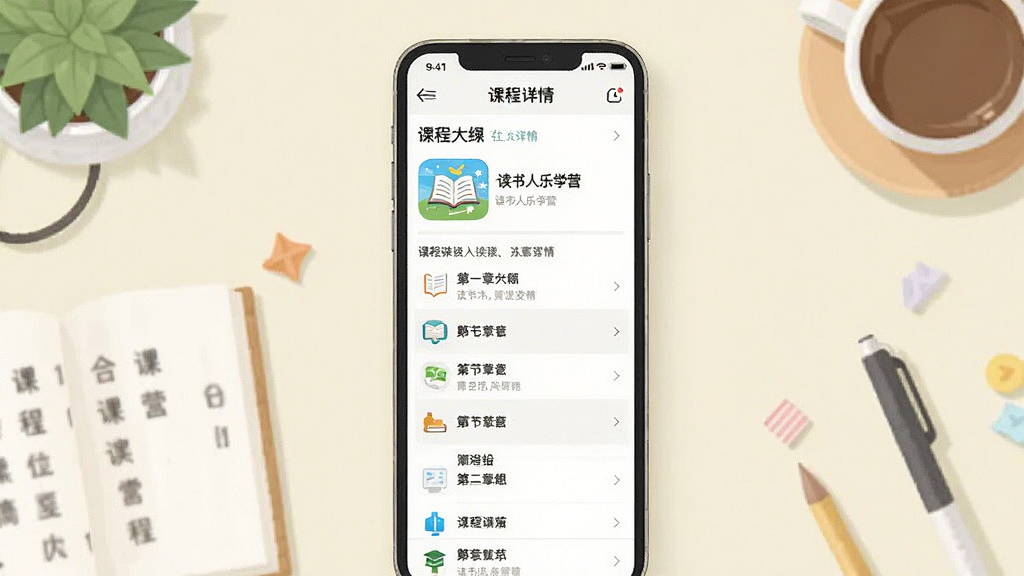 一幅桌面平铺的插画,主体是“读书人乐学营”App的课程详情页,展示课程大纲和章节列表,布局清晰,排版整齐,风格简洁明亮,细节丰富,画质干净无多余元素。