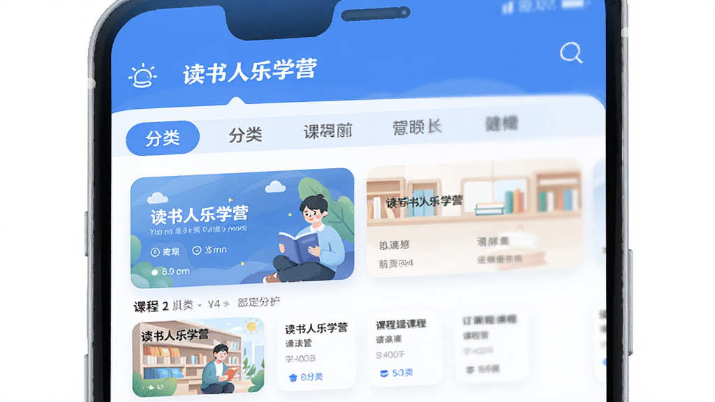 一张竖版手机界面截图风格的数字插画,主体是“读书人乐学营”App的首页,展示课程列表和分类导航,布局清晰,排版整洁,采用蓝白主色调,风格现代扁平,细节圆润,画质干净无多余元素。