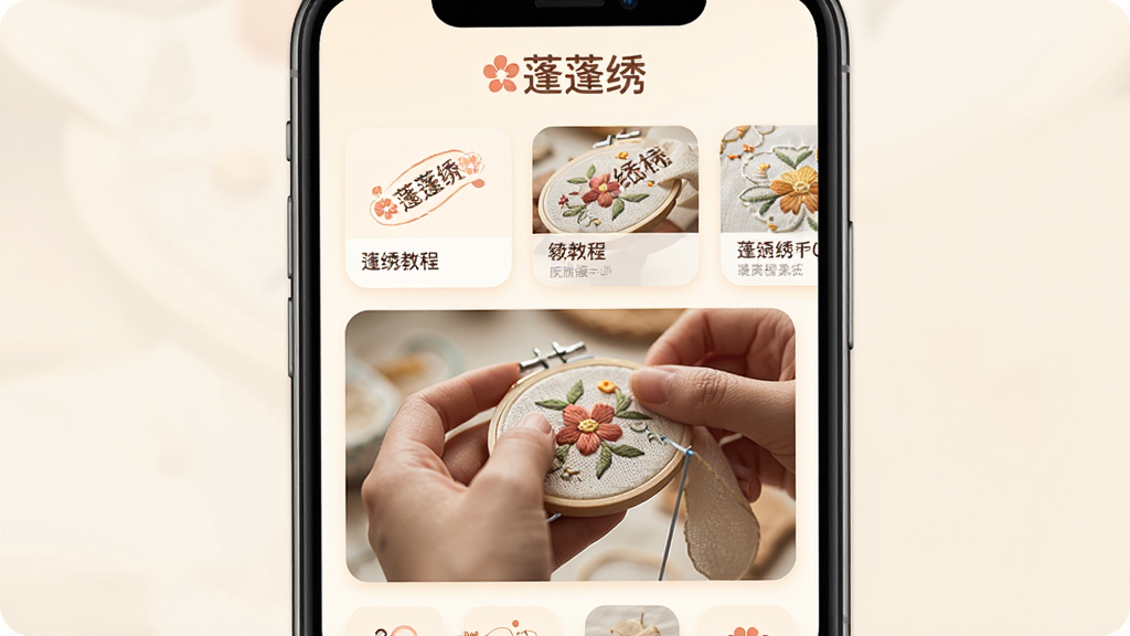 一张手机屏幕展示蓬蓬绣APP主界面,界面以暖白色为主调,顶部有“蓬蓬绣”字样Logo,下方排列着刺绣教程卡片,中间位置显示一个正在刺绣的双手特写,画面风格温馨治愈,布局清晰,排版简洁,细节丰富,画质干净无多余元素。