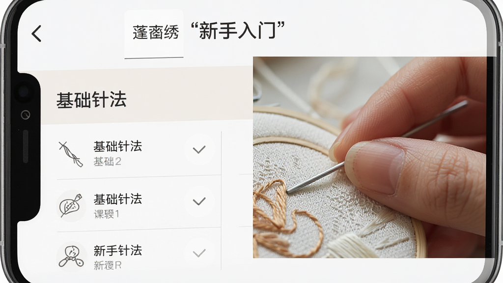一张手机竖屏截图,屏幕上是蓬蓬绣的“新手入门”专栏,显示“基础针法”课程列表,旁边有一个正在绣花的女性手指特写,画面清晰,风格简洁,布局合理,排版整齐,细节真实,画质干净无多余元素。
