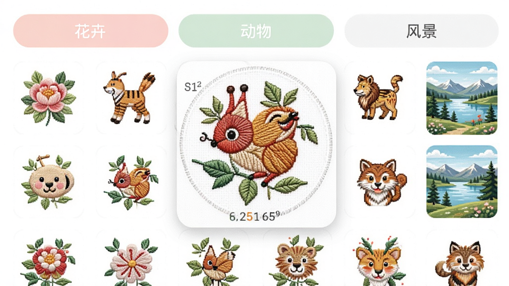 展示蓬蓬绣APP内刺绣图样库的界面,屏幕上有多个分类标签,如“花卉”、“动物”、“风景”,下方是网格状图样缩略图,其中一张图被放大预览,显示线色编号,整体风格明亮清新,布局整齐,排版规整,细节清晰,画质干净无多余元素。