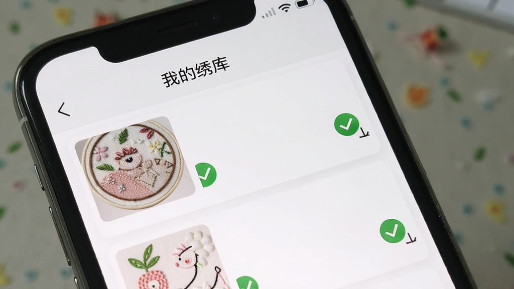 手机屏幕显示蓬蓬绣的“我的绣库”页面,列表中有多个已下载的教程和图案,每个项目旁边有下载完成的绿色勾选图标,界面简洁,布局清晰,排版整齐,细节到位,画质干净无多余元素。