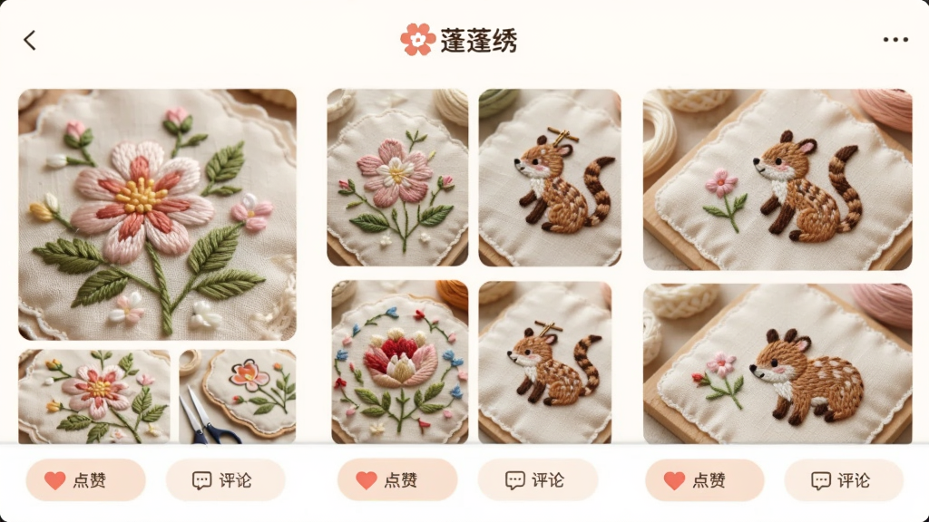 展示蓬蓬绣APP的社区页面,屏幕上显示多个用户发布的刺绣作品照片,有鲜花、小动物等图案,下方有“点赞”和“评论”按钮,页面顶部有“蓬蓬绣”标志,整体风格温暖,布局舒适,排版整洁,细节丰富,画质干净无多余元素。