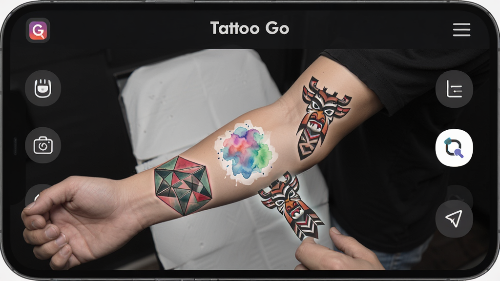 һ�Ÿ����ֻ���ͼ��չʾTattoo GoӦ�õ������棬���������ִ�������ɫΪ������������ʾһ��ģ�ص��ֱۣ�����ͨ��AR���������˶��ַ�������ͼ�����缸�Ρ�ˮ�ʡ�����ͼ�ڵȣ�����������ͼ��Բ�󣬻��ʸɾ���ͻ����Tattoo Go�������������Χרҵ��ʱ��
