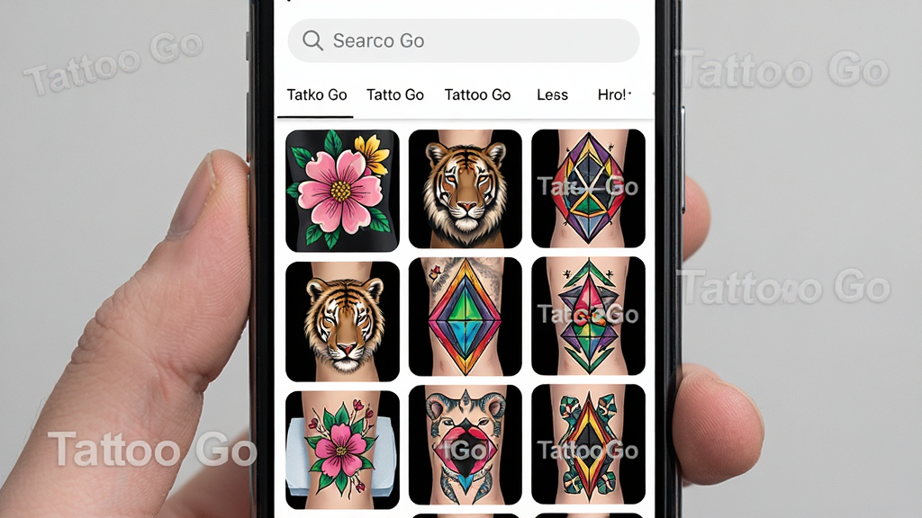 һ���ֻ���ĻչʾTattoo Go������ͼ�����ҳ�棬�ٲ������֣�����ͼ�������У��������ַ���绨�䡢�������ͼ�εȣ�ɫ�ʷḻ�����ʸ��壬���涥�����������ͷ���ɸѡ��ǩ��������Ƹɾ����࣬���С�Tattoo Go��ˮӡ��ʶ