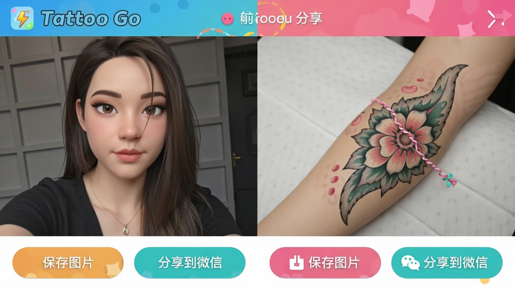 һ���ֻ���ͼչʾTattoo Go��ģ�������������棬������û�ԭʼ��Ƭ���Ҳ�����������ͼ�����Ч��ͼ���·��С�����ͼƬ������������΢�š��Ȱ�ť����������ã�ɫ�����������С�Tattoo Go��Ʒ������������ϸ��