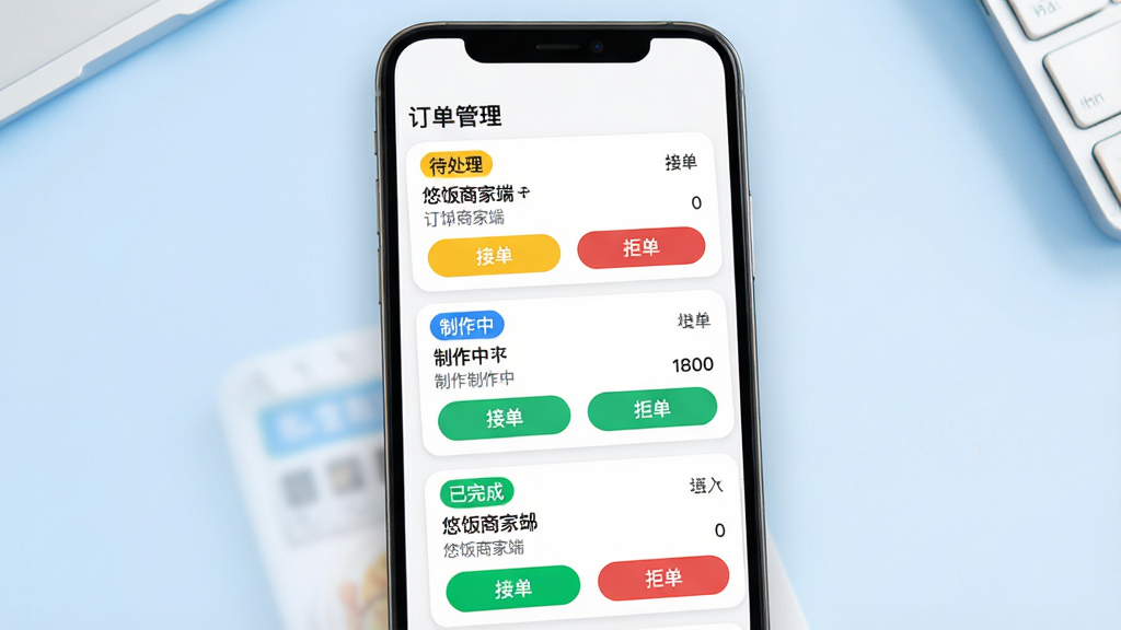 主体:智能手机屏幕展示悠饭商家端的订单管理界面,顶部有“订单管理”标题,下方是多个订单卡片,分别显示“待处理”、“制作中”、“已完成”状态,每个卡片上有菜品名称和数量,卡片底部有“接单”和“拒单”按钮。布局:手机居中,背景是淡蓝色渐变的桌面。排版:订单卡片垂直排列,文字清晰,状态标签用不同颜色区分(黄色待处理、蓝色制作中、绿色已完成)。风格:现代简洁,卡片圆角设计。细节:屏幕顶部有“悠饭商家端”字样,订单信息完整,按钮醒目。画质:高清,干净无多余元素。