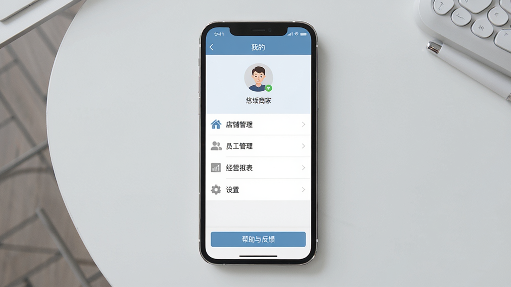 主体:一部智能手机显示悠饭商家端的“我的”页面,页面有“店铺管理”、“员工管理”、“经营报表”、“设置”等菜单项,屏幕下方有“帮助与反馈”按钮。布局:手机居中,背景为浅灰色桌面。排版:菜单列表清晰,文字准确,图标风格统一。风格:简洁实用,扁平化设计。细节:屏幕顶部有“我的”标题,下方有店主头像和店名,菜单项之间有分割线。画质:高清,干净无多余元素。
