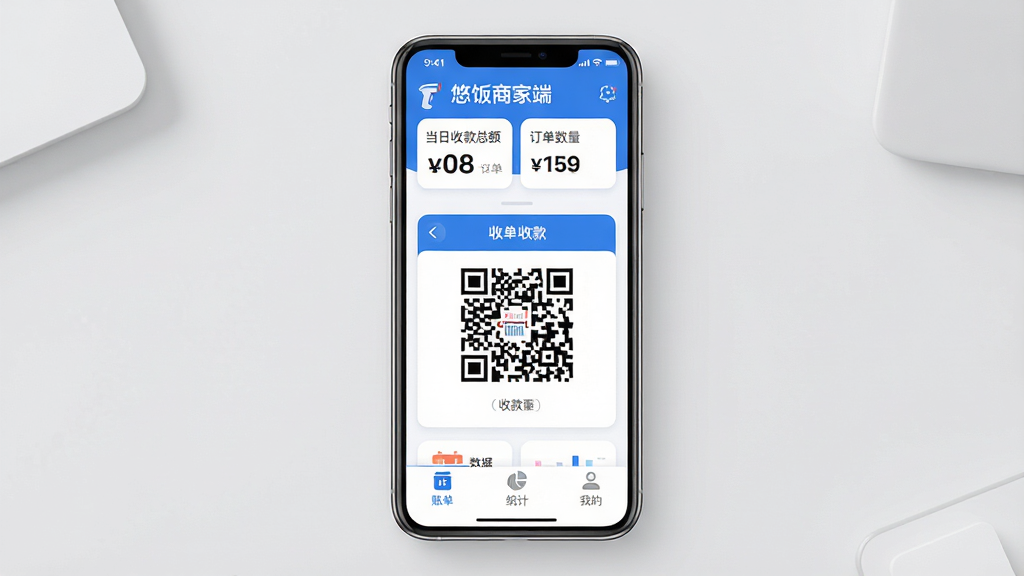 主体:悠饭商家端App在智能手机上运行的界面全貌,手机居中显示,屏幕内清晰展示“悠饭商家端”几个大字,主界面为蓝白配色,顶部显示当日收款总额和订单数量,中间是醒目的收款二维码区域,底部有账单、统计、我的三个功能选项卡。布局:手机主体居中,背景为浅灰色桌面,桌面干净无杂物。排版:手机屏幕内的信息层级分明,文字标签清晰可读。风格:现代扁平化设计,圆角卡片元素,整体风格简约清新。细节:屏幕上的文字必须完整显示“悠饭商家端”,界面图标细节丰富,包括扫码枪、订单列表、数据图表等。画质:高清渲染,干净无多余元素。