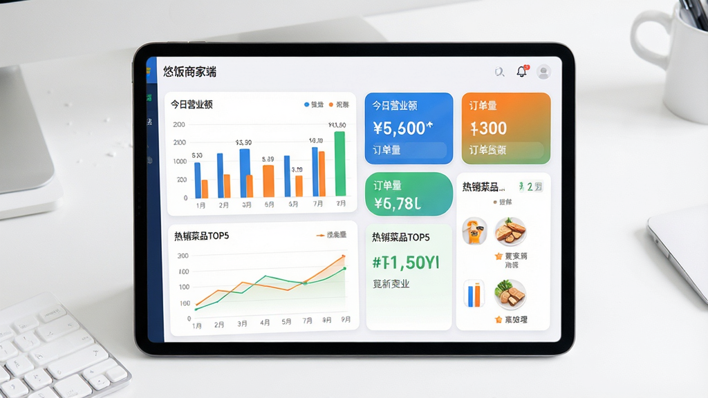 主体:平板电脑上显示悠饭商家端的数据统计页面,屏幕内有柱状图和折线图,图表旁边有“今日营业额”、“订单量”、“热销菜品TOP5”等数据卡片。布局:平板居中,背景是简洁的白色办公桌面。排版:图表和卡片排列整齐,数据标签清晰,颜色以蓝、橙、绿为主。风格:商务简约,数据可视化风格。细节:屏幕左上角有“悠饭商家端”字样,图表数据具体,卡片圆角。画质:高清,干净无多余元素。