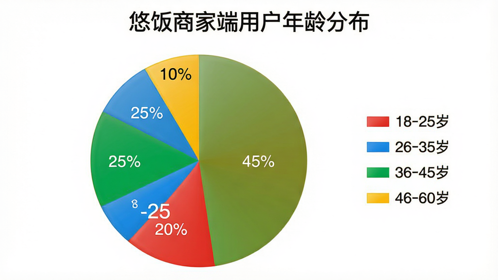 饼状图,标题为“悠饭商家端用户年龄分布”,图例分为18-25岁(红色),26-35岁(蓝色),36-45岁(绿色),46-60岁(黄色),其中26-35岁占比最大约45%,18-25岁占比20%,36-45岁占比25%,46-60岁占比10%。布局:饼状图居中,背景为白色,标题在顶部。排版:图例在右侧,百分比标签清晰显示在饼图扇区上。风格:简洁商业图表风格。细节:图表边缘平滑,颜色鲜明。画质:高清,干净无多余元素。