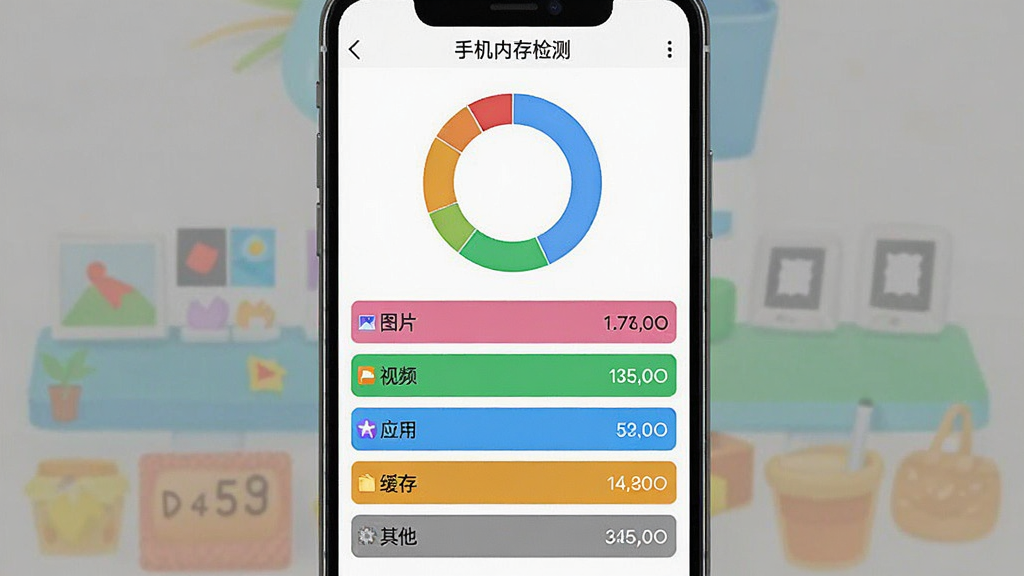 һ���ֻ���ͼ���棬��ʾ���ֻ��ڴ��⡱APP�ġ��洢������ҳ�棬ҳ�涥���ǻ���ͼչʾ�洢�ռ�ֲ����·��Ƿ����б���������ͼƬ��������Ƶ������Ӧ�á��������桱�����������ȣ�ÿ����涼���о���Ĵ�С��ֵ��ɫ���������ԣ���Ƽ�࣬���ʸɾ��޶���Ԫ�ء�