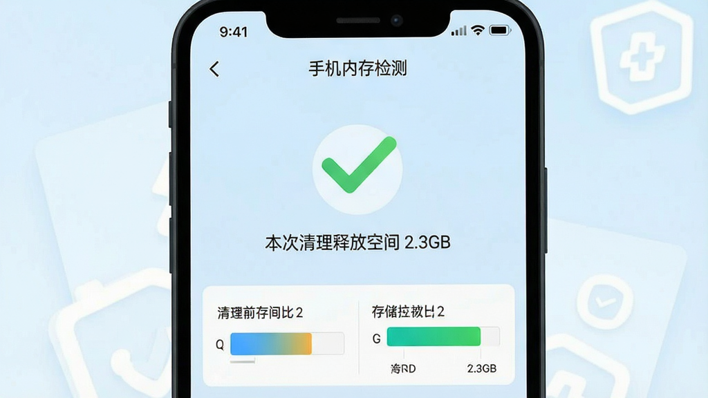 һ���ֻ���ͼ����ʾ���ֻ��ڴ��⡱APP���������ҳ�棬��Ļ������һ�����ĶԹ�ͼ�꣬�·���ʾ�����������ͷſռ� 2.3GB�����Ա�������ǰ��Ĵ洢�ռ�Ա�����ͼ������Ϊ����ɫ�������������죬���ʸɾ��޶���Ԫ�ء�