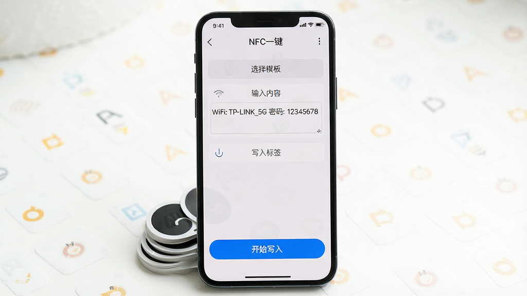 һ���ֻ�������ͼ��������ʾ��NFCһ������д���༭ҳ�棬��Ļ���С�ѡ��ģ�塱�����������ݡ�����д���ǩ��������������Ϊ��WiFi: TP-LINK_5G ����: 12345678�����·���һ����Ŀ����ɫ����ʼд�롱��ť���ֻ��·�����һ��Բ��NFC��ǩ��ֽ����������������࣬���ʸɾ��޶���Ԫ�ء�