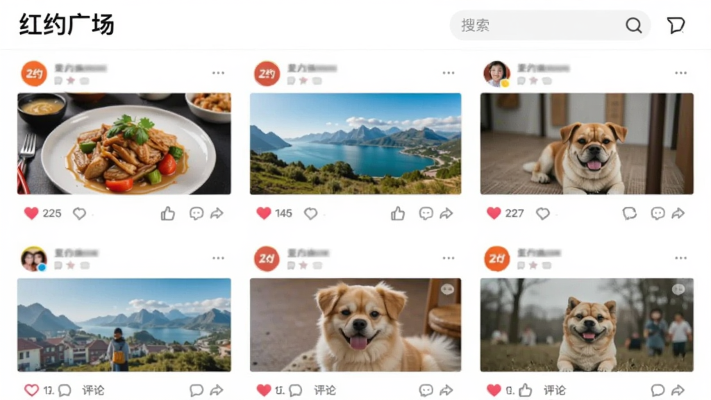 ��Լ�����Ķ�̬�㳡���棬��Ļ��չʾ�û�������ͼ�Ķ�̬��������ʳ�����С��������Ƭ��ÿ����̬�·��е��޺�����ͼ�꣬�����С���Լ�㳡�����������������岼������С���飬����������죬���ʸɾ��޶���Ԫ�ء�
