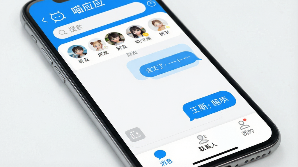 一张手机屏幕特写,屏幕中央显示“喵应”APP的聊天主界面,整体布局简洁明快,蓝白配色为主,顶部有搜索栏和好友列表,中间是对话框,气泡圆润,底部是“消息”、“联系人”、“我的”三个选项卡,画面干净无多余元素,高清画质