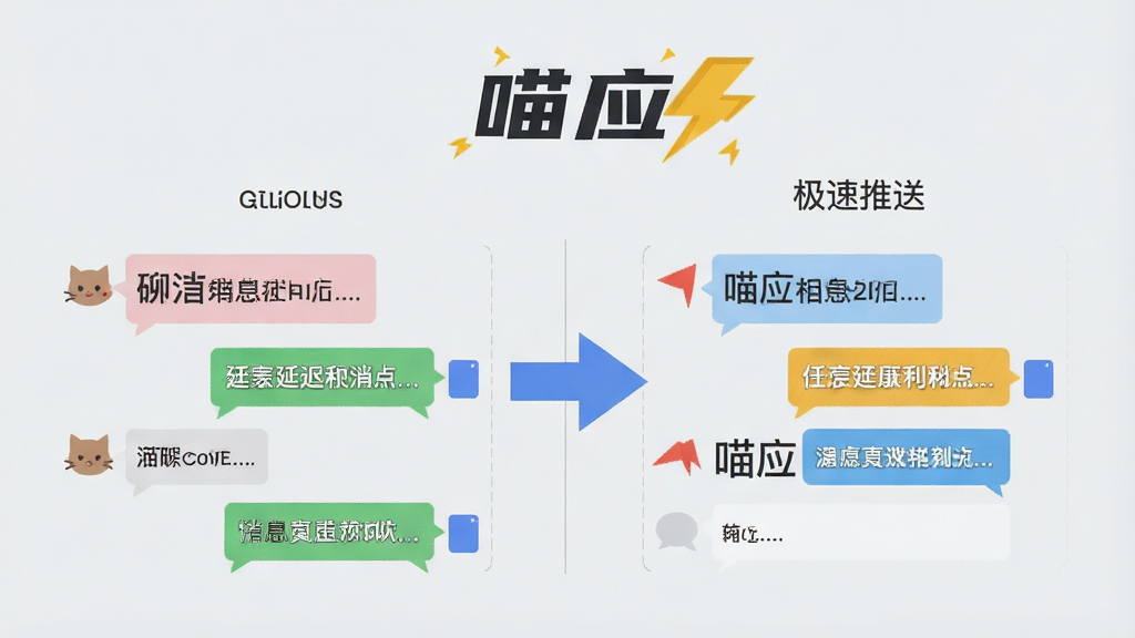 一张动态对比图,左边是其他聊天软件的消息延迟图表,右边是“喵应”的极速推送图表,箭头指向右边,背景为浅灰色,配以“喵应”字样和闪电图标,画质干净,风格扁平,无多余元素