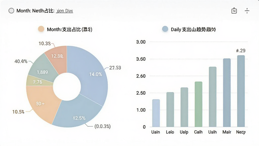 一张小账本统计页面的截图,展示近一个月的支出占比饼图,以及每日支出柱状趋势图,图表配色柔和,数据清晰,界面背景为白色,整体风格简洁专业,画质干净