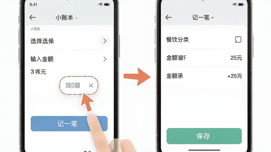 一张操作演示图,展示用户在小账本中点击“记一笔”按钮,然后选择餐饮分类,输入金额25元,最后点击保存的流程,界面简洁,每一步都有明显的按钮提示,整体风格扁平化,画质干净