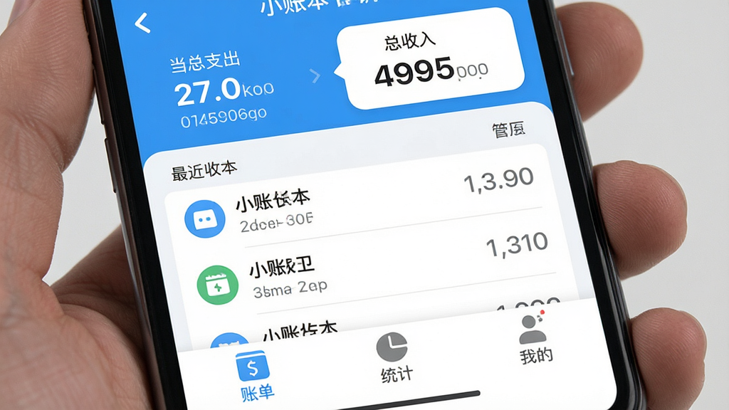 一张手机截图展示小账本应用的主界面,界面以清新的蓝白配色为主,顶部显示当月总支出和总收入,中间是最近几笔收支记录,底部有账单、统计、我的三个选项卡,整体布局简洁明快,图标圆润,画质干净无多余元素,突出“小账本”三个字
