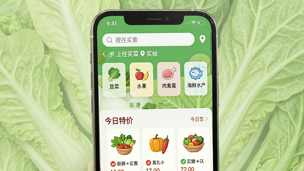 ����������һ���ֻ�������д���ֻ���Ļ��ʾ��������ˡ�APP��ҳ��ҳ���Ϸ����������Ͷ�λ��Ϣ���м��Ƿ���ͼ�꣨�߲ˡ�ˮ�������ݵ�������ˮ���ȣ����·��ǽ����ؼ���Ʒ�б��������Ǹɾ���ǳ��ɫ�߲�Ҷ���������������ƽ������ɫ������Ȼ��ͻ�������ʡ���ݡ�ʵ�ݡ������⣬���ʸɾ��޶���Ԫ�ء�