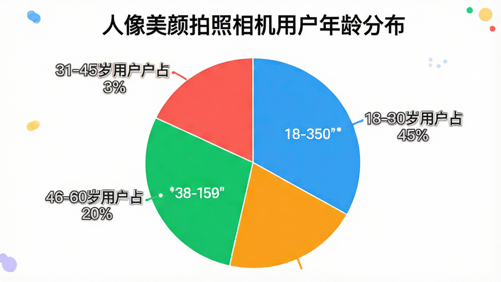 一张饼状图,标题为“人像美颜拍照相机用户年龄分布”,饼状图分为三块,分别标注“18-30岁用户占45%”、“31-45岁用户占35%”、“46-60岁用户占20%”,布局清晰,风格简洁明快,色彩鲜艳,细节标注百分比数据,画质干净无多余元素