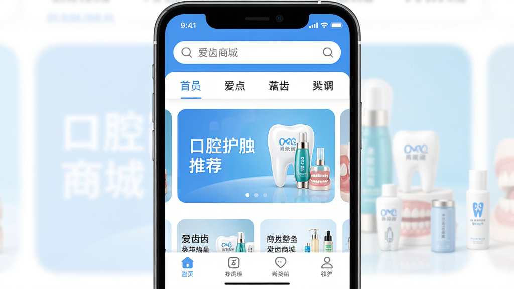 一张展示爱齿商城APP整体界面的手机截图,主体是手机屏幕上的商城首页,布局清晰,顶部是搜索栏和分类导航,中间是口腔护理产品的推荐轮播图,底部是底部选项卡,整体风格现代简约,以蓝白为主色调,细节圆润,画质干净无多余元素,图片中显示“爱齿商城”字样。