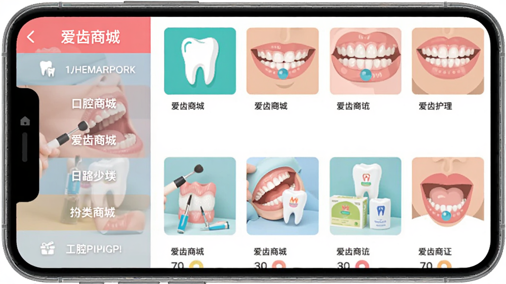 展示爱齿商城APP的分类页面,主体是手机屏幕上的分类列表,左侧是竖向的导航栏,显示各种口腔护理类别,右侧是对应分类下的商品缩略图,图片风格扁平化,布局清晰,色彩明亮,画质干净,图片中标注“爱齿商城”分类导航。