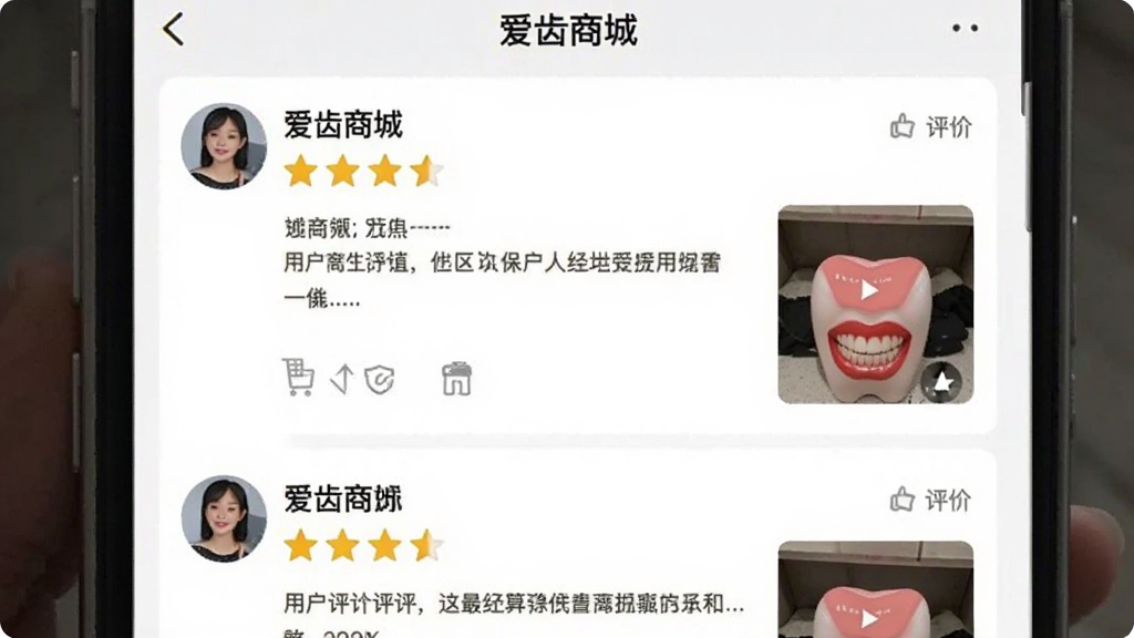 一张爱齿商城APP商品评价页面的截图,主体是用户评价列表,每条评价包含用户头像、昵称、星级、评价文字和晒图区域,整体布局简洁清爽,重点突出文字评价和图片,画质干净,风格真实自然,图片中显示“爱齿商城”用户评价。