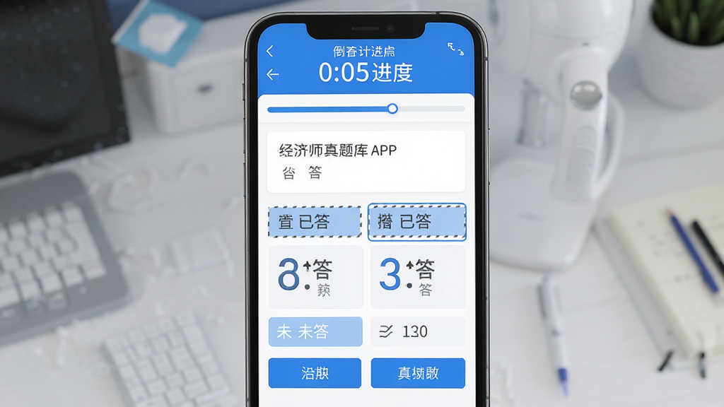 主体:经济师真题库APP的模拟考试界面,显示倒计时和答题卡。布局:顶部为倒计时和进度条,中间为题目区域,底部为选项按钮。排版:界面简洁,数字和文字清晰。风格:清爽的蓝白配色,考试氛围感强。细节:答题卡上标注已答和未答题目,倒计时数字醒目。画质:高清渲染,界面干净无多余元素。