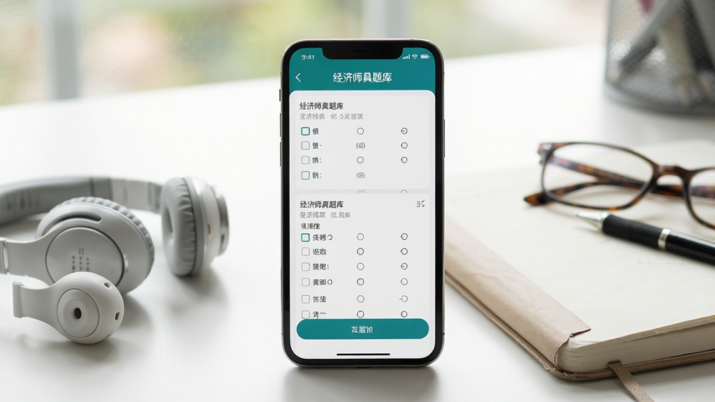 主体:经济师真题库APP在手机上的运行状态,手机旁边有耳机和笔记本。布局:手机竖屏居中,屏幕显示刷题页面,周围摆放学习用品。排版:画面整洁,手机屏幕内容清晰可见。风格:生活化场景,自然光,浅景深效果。细节:手机屏幕上有“经济师真题库”字样,页面显示选择题。画质:高清摄影风格,色彩柔和,干净无多余元素。