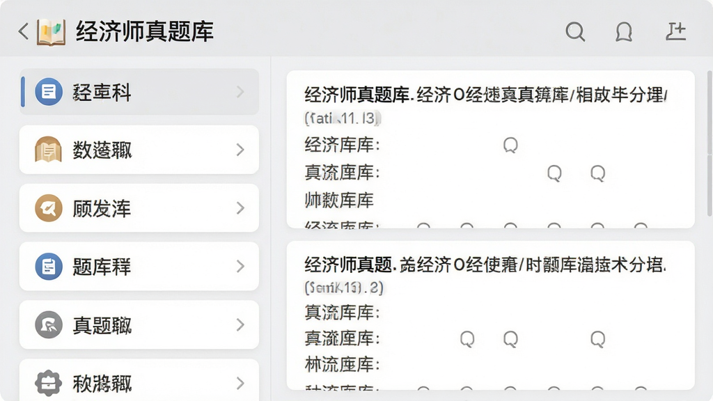 主体:经济师真题库APP的题库分类界面,左侧是科目列表,右侧是题目预览。布局:左右分栏设计,清晰展示不同科目和对应题目。排版:标题栏显示“经济师真题库”,下方排列整齐的科目名称。风格:简洁商务风,背景为浅灰色,卡片式设计。细节:科目名称旁有图标,题目预览区显示题目和选项。画质:高清晰度,色彩自然,干净无多余元素。