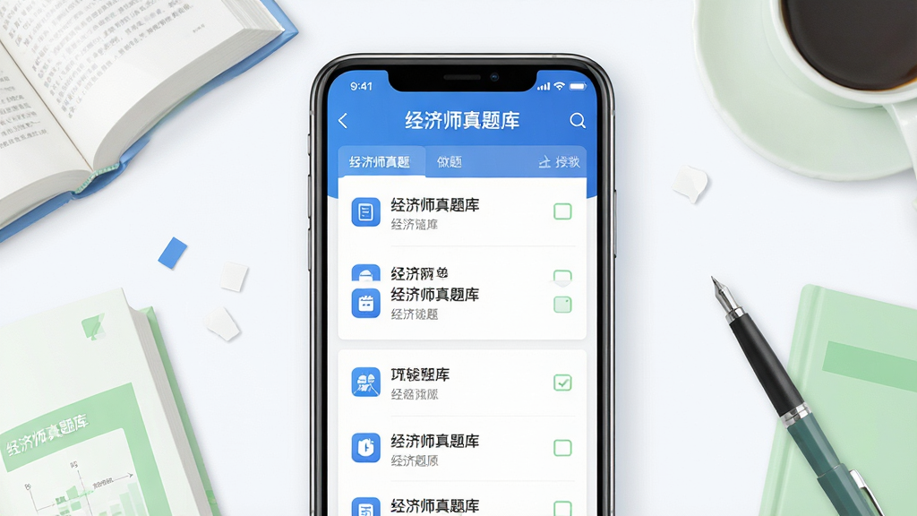 主体:经济师真题库APP的界面展示,一部手机屏幕显示着题库列表和做题页面。布局:居中构图,手机为主体,周围有书本和笔的装饰。排版:画面简洁,手机屏幕内可见“经济师真题库”字样和清晰的题目选项。风格:现代扁平化设计,色彩以蓝白为主,搭配浅绿色点缀。细节:手机屏幕上的题目字体清晰,界面图标精致。画质:高清渲染,干净无多余元素。
