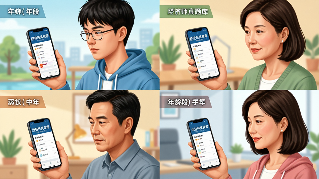 主体:用户使用经济师真题库APP的场景,不同年龄段的用户在使用手机刷题。布局:画面分为四个象限,分别展示青年、中年、男性、女性用户的使用场景。排版:每个象限内用户手持手机,手机屏幕显示“经济师真题库”界面。风格:写实插画风格,色彩明亮,人物表情专注。细节:每个场景都清晰标注用户年龄段,手机界面清晰。画质:高清,干净无多余元素。