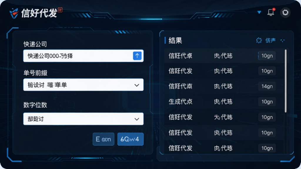 展示“信蜂代发”的快递单号批量生成功能界面,主体是一个设置面板,包含快递公司选择、单号前缀、数字位数等选项,旁边是生成结果的列表预览,风格科技感,界面清晰,布局规整,画质干净。
