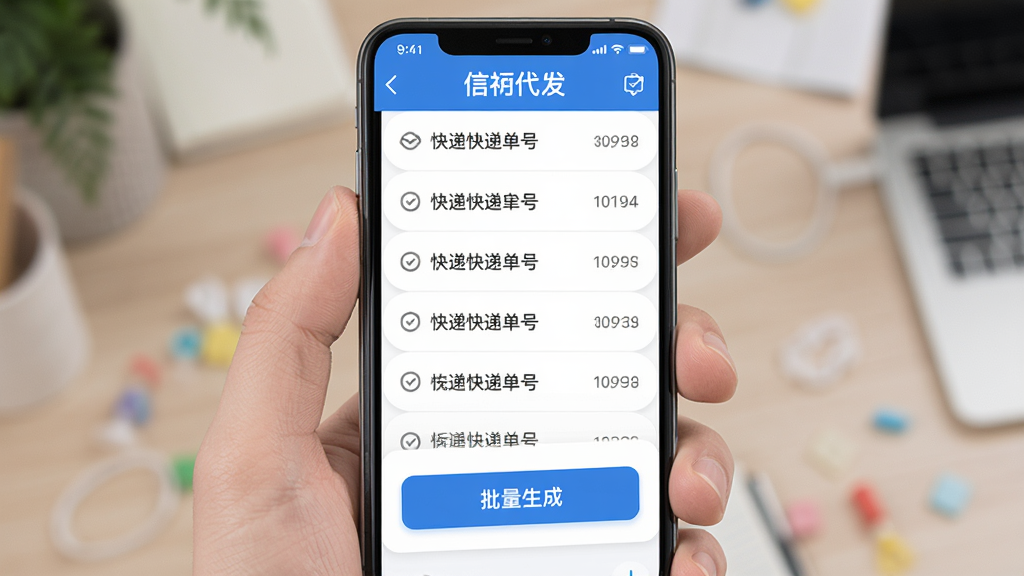 图片展示“信蜂代发”软件在手机上的主界面全貌,主体是清晰的快递单号列表和醒目的“批量生成”按钮,布局简洁,采用蓝白配色,现代扁平化设计风格,细节圆润,画质干净无多余元素。
