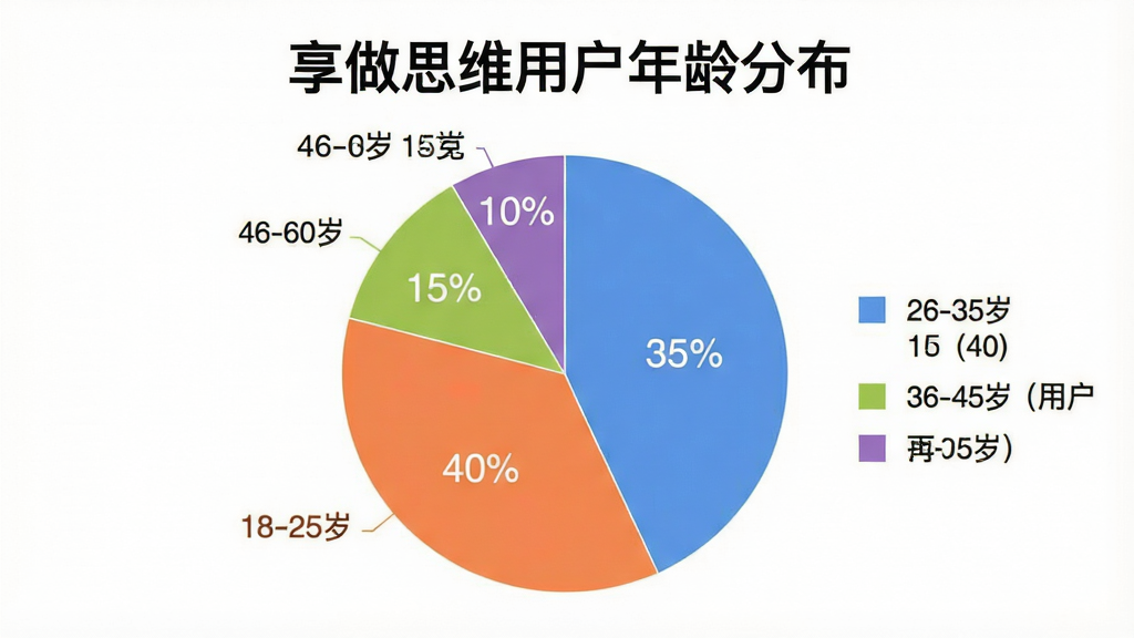 一张饼状图,展示「享做思维」用户年龄分布,其中18-25岁占35%,26-35岁占40%,36-45岁占15%,46-60岁占10%,不同年龄段用不同颜色表示,图例清晰,风格扁平,画质干净无多余元素,标题为「享做思维用户年龄分布」