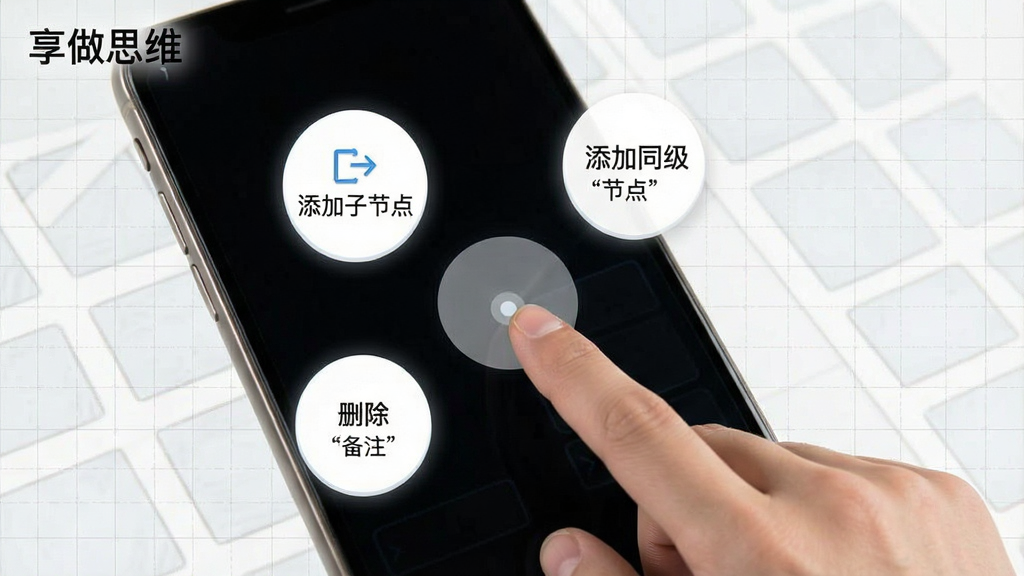 一张展示「享做思维」创建新节点的操作演示图,画面中手指轻触屏幕空白处,周围浮现几个圆形功能按钮,包括「添加子节点」、「添加同级节点」、「删除」、「备注」,背景为浅色网格,整体风格简洁明快,画质干净无多余元素,文字标注为「享做思维」