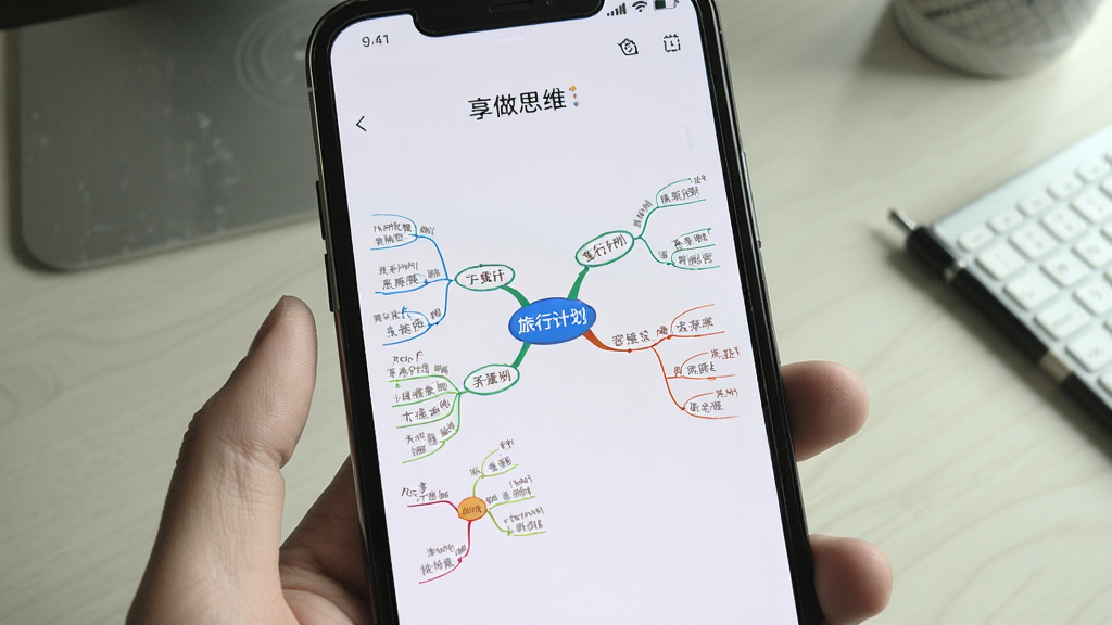 一张展示「享做思维」在手机上运行的实拍照片,手机屏幕上显示一棵完整的思维导图,内容是关于旅行计划的,画面清晰,背景为桌面,风格真实自然,画质干净无多余元素,文字标注为「享做思维」
