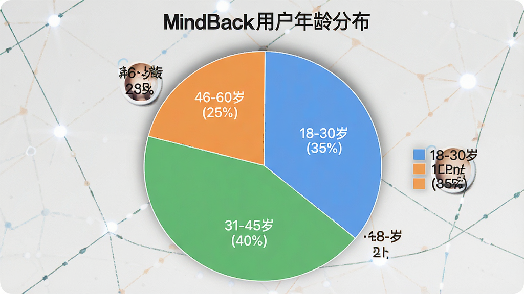 һ��չʾMindBack�û�����ֲ��ı�״ͼ������ΪԲ��ͼ����������������Ϊ18-30��ռ35%��31-45��ռ40%��46-60��ռ25%����ɫ�飬�Ű��࣬����ִ���ϸ�ڰ���ͼ���Ͱٷֱȱ�ע�����ʸɾ��޶���Ԫ�أ�ͼƬ������Ϊ��MindBack�û�����ֲ���