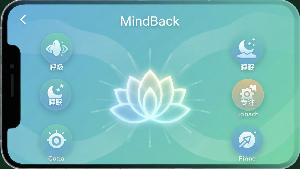 һ��չʾMindBackӦ��������ĸ����ͼ������Ϊ�ֻ���Ļ�ڵ�App���棬���ּ�࣬����͵����̽���ɫΪ������������ʾһ�����������ͼ������Χ�����š�����������˯�ߡ�����רע����Բ�ι���ͼ�꣬�Ű����룬����ִ���ƽ��ϸ��Բ�󣬻��ʸɾ��޶���Ԫ�أ�ͼƬ������Ϊ��MindBack��