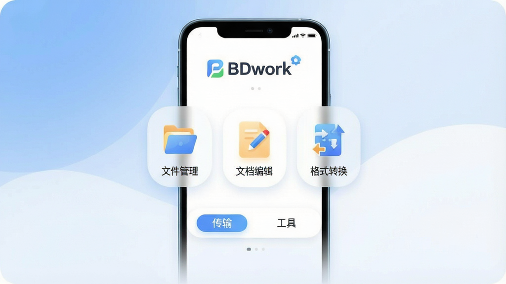 һ��չʾBDwork�������Ĺ��ܵĿ�������ͼ���������ֻ���Ļ�е�APP���棬���沼�ּ�࣬������ʾ��BDwork��Ʒ�Ʊ�ʶ���м����ļ��������ĵ��༭����ʽת���Ⱥ��Ĺ���ͼ�꣬�ײ��С����䡱�͡����ߡ�ѡ�������������͵����׽��䣬�������ִ���ƽ��ϸ��Բ�󣬻��ʸɾ��޶���Ԫ�ء�