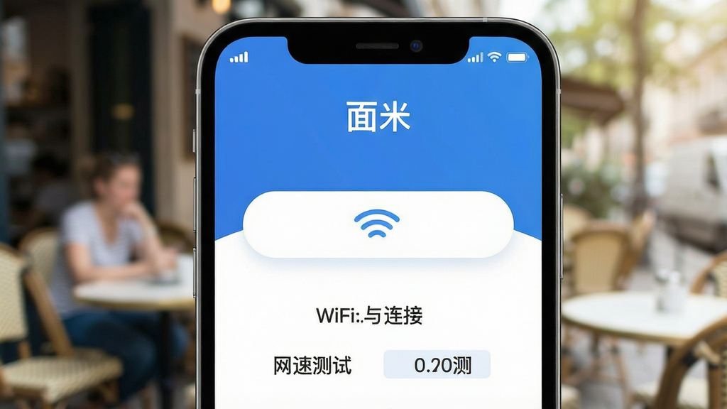 一张智能手机屏幕的特写,屏幕中显示“面米”APP的主界面,界面简洁明了,顶部有信号强度图标,中间是一个大大的连接按钮,按钮下方显示当前连接的WiFi名称和网速测试结果,背景是模糊的户外咖啡馆场景,整体风格现代扁平,色彩以蓝白为主,画质干净无多余元素,突出“面米”的品牌名称。