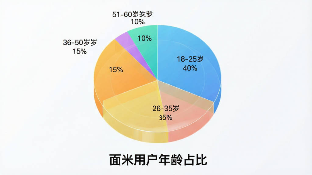 一个半透明的饼状图,展示“面米”用户年龄分布,18-25岁占40%,26-35岁占35%,36-50岁占15%,51-60岁占10%,图表下方有“面米用户年龄占比”字样,背景简洁,图表色彩明亮,风格现代,排版清晰,画质干净,无多余元素。